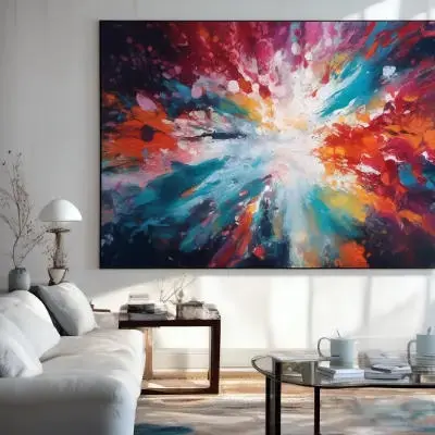 Wohnzimmer mit großem abstrakten Bild von Michael Quarz neben einem hellen Sofa