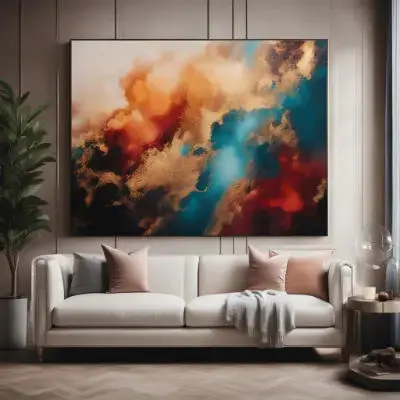 Wohnzimmer mit großem abstrakten Bild von Michael Quarz über einem hellen Sofa