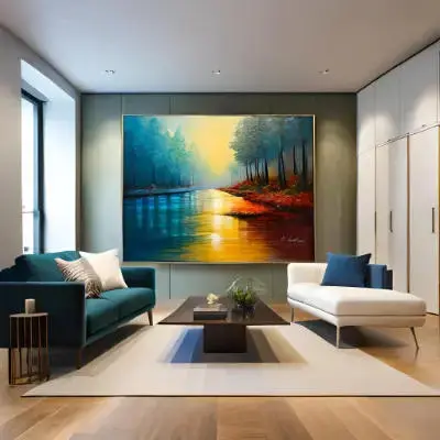 Wohnzimmer mit großem abstrakten Bild von Michael Quarz neben einem hellen Sofa