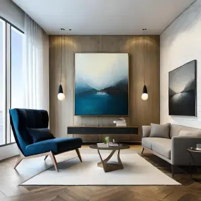 Wohnzimmer mit großem abstrakten Bild von Michael Quarz über einem Sideboard