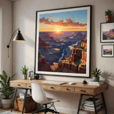 Wohnzimmer mit großem Bild von Michael Quarz über einem Schreibtisch